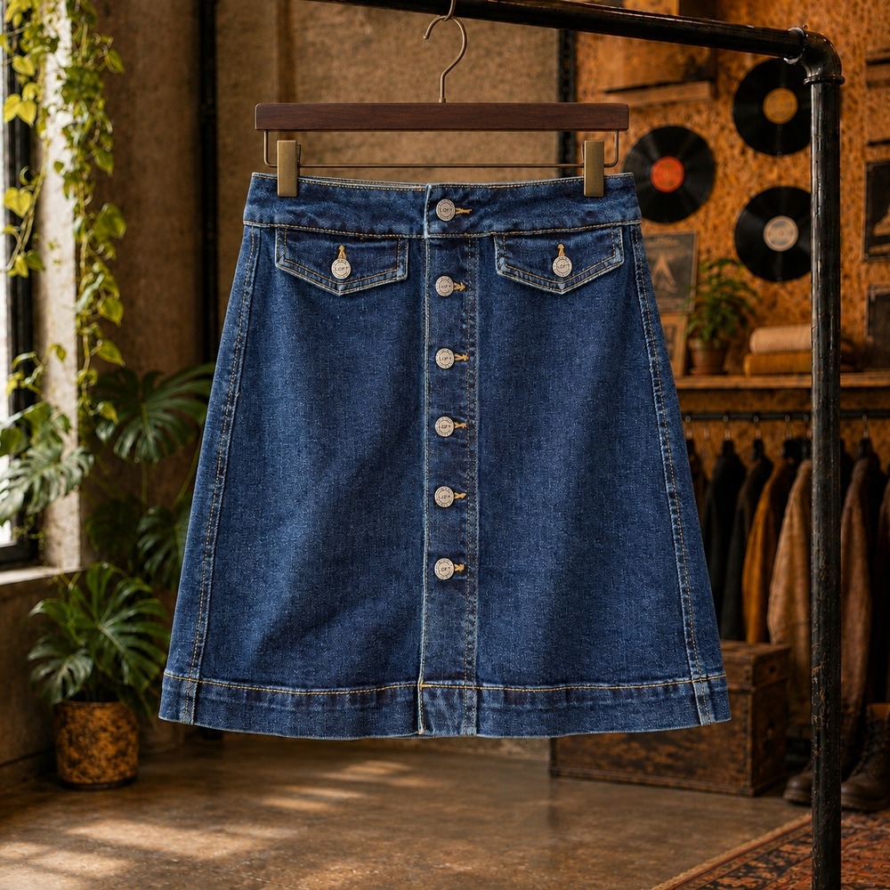 LOFT Blue Denim Button Front Mini Skirt Dark Wash High Waist A-Line Skirt Size 0